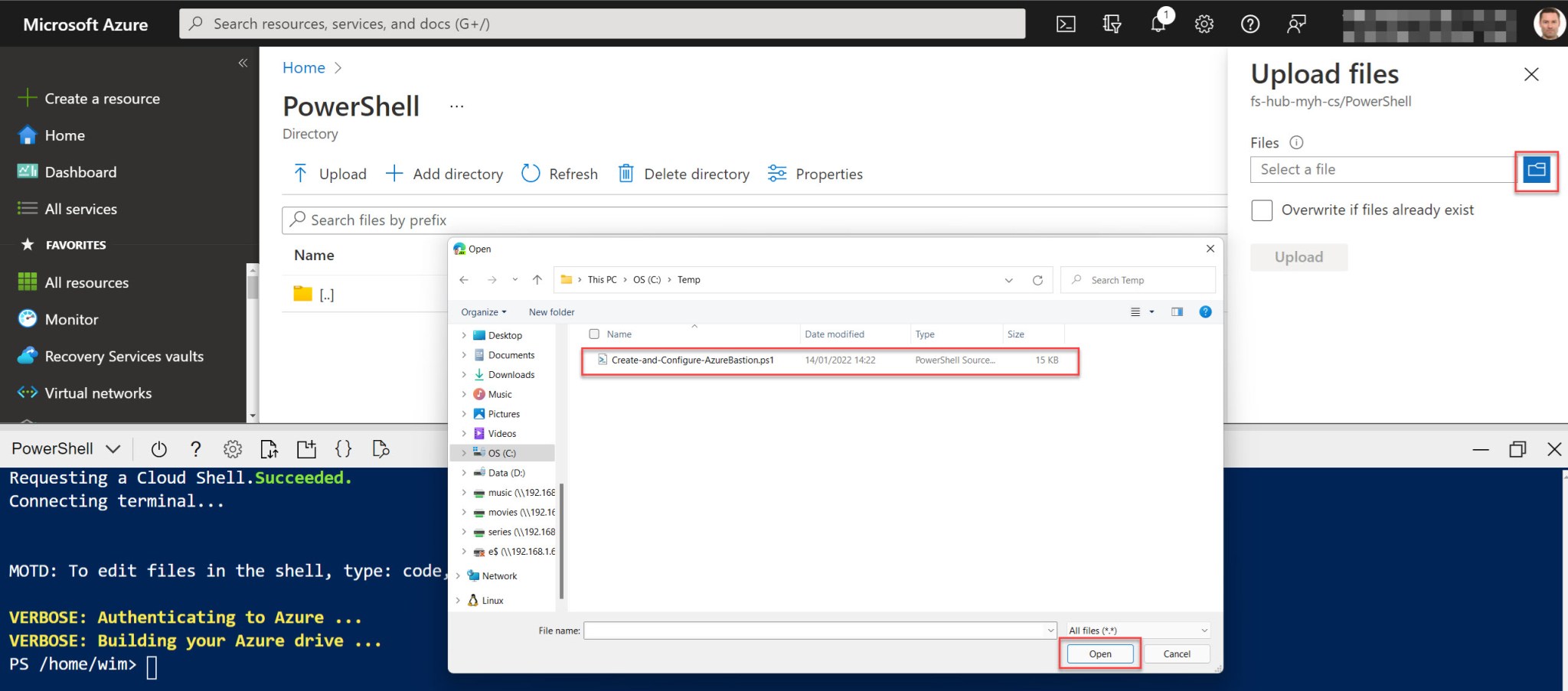 Upload and run an Azure PowerShell script from your clouddrive in Azure ...