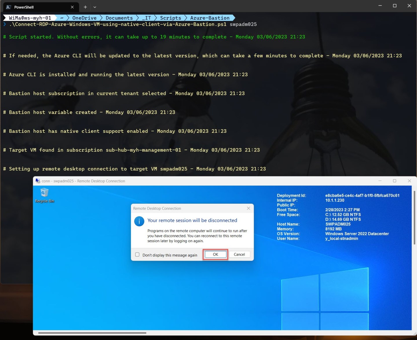 Connecting to an Azure Windows VM using an Azure PowerShell script and