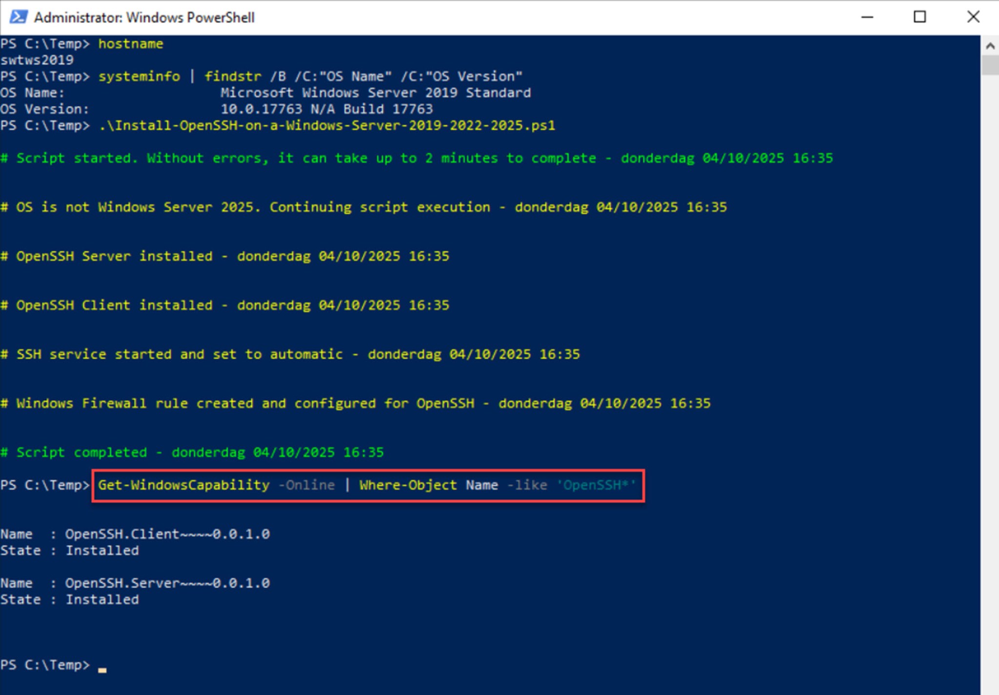 How to install OpenSSH on a Windows Server 2019/2022/2025 using a ...
